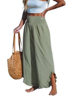 CUPSHE Damen Hosen Gesmokt Baumwolle Lounge Hohe Taille Weites Bein Asymmetrischer Rüschen Sommerhose Elegant Lose Freizeithose Helles Oliv XL von CUPSHE