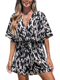 CUPSHE Damen Jumpsuit V-Ausschnitt Kurzarm Strampler Leopardenmuster Weites Bein Kurz Overall mit Gürtel Casual Lose Playsuit Schwarz M von CUPSHE