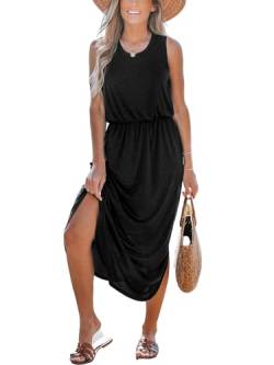 CUPSHE Damen Kleid Rundhals Ärmellose Seitenschlitz Elastischer Bund T Shirt Kleid Jersey Freizeitkleider Sommer Maxi Dress Schwarz XS von CUPSHE