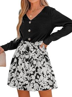 CUPSHE Damen Kleid V Ausschnitt Knöpfen Langarm Taillenschnürung A-Linien Blumenmuster Freizeitkleider Casual Mini Dress Schwarz XL von CUPSHE