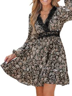 CUPSHE Damen Kleid V Ausschnitt Spitzendetail Langarm Rüschensaum Paisley Print A-Linien Freizeitkleider Party Mini Dress Schwarz XS von CUPSHE