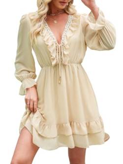 CUPSHE Damen Kleid V Ausschnitt Spitzeneinsatz Schnürung Volants Langarm Chiffon Kurzes Minikleid Freizeitkleider Mini Dress Beige M von CUPSHE