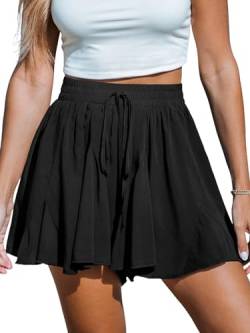 CUPSHE Damen-Shorts, locker, lässig, elastische Taille, ausgestelltes Bein, plissiert, Kordelzug, fließend, bequem, rockähnlich, weites Bein, Schwarz , S von CUPSHE