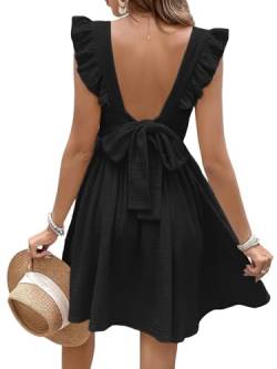 CUPSHE Damen Sommerkleid V Ausschnitt Volantärmel Rückenfrei Baumwolle Cover Up Strandkleid Freizeitkleider Sommer Mini Dress Schwarz XS von CUPSHE