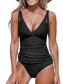 CUPSHE Damen Tankini Set V Ausschnitt Mid Waist Tankini Bademode Bauchweg Raffung Texturiert Zweiteiliger Badeanzug Swimsuit Schwarz L von CUPSHE