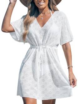 CUPSHE Häkelkleid für Damen, Badeanzug, kurzärmelig, Taillengürtel, Strandkleid, weiß, L von CUPSHE