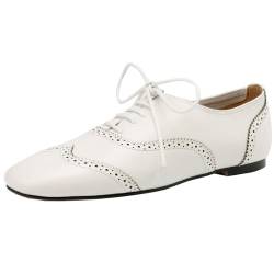 CUTEHEELS Bequeme Oxford-Ballerinas mit Schnürung aus Rindsleder für Damen mit Quadratischer Zehenpartie (Weiß, 40) von CUTEHEELS