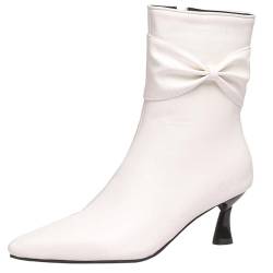 CUTEHEELS Damen Elegante Kitten Heel Stiefeletten mit Seitlichem Reißverschluss und Spitzer Zehenpartie (Weiß, 40) von CUTEHEELS