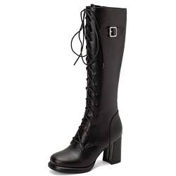 CUTEHEELS Damen Lace-up Knie High Stiefel mit Seitlichem Reißverschluss und Block Heels (Schwarz,40) von CUTEHEELS