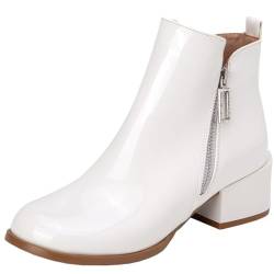 CUTEHEELS Damen Mode Stiefeletten mit Runder Spitze und Klobigen Absätzen - Seitlicher Reißverschluss (Weiß, 40) von CUTEHEELS