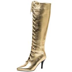 CUTEHEELS Damen Sexy Kniehohe Schnürstiefel mit Spitzer Zehenpartie und Stilettoabsatz - Seitlicher Reißverschluss (Gold, 35 EU) von CUTEHEELS