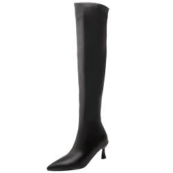 CUTEHEELS Damen Sexy Oberschenkelhohe Stiefel, Overknee-Stiefel mit Spitzer Zehenpartie und Kitten Heel (Schwarz, 40) von CUTEHEELS