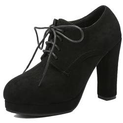 CUTEHEELS Damen Vintage Oxford Pumps mit Schnürung und Niedrigen Plateaus und Hohen Blockabsätzen (Schwarz, 35) von CUTEHEELS