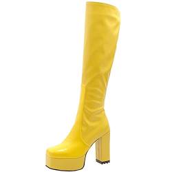 CUTEHEELS Lässige Plateau-Kniehohe Stiefel mit Klobigem Absatz und Eckiger Zehenpartie für Modische Damen (Gelb, 40EU) von CUTEHEELS