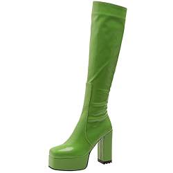 CUTEHEELS Lässige Plateau-Kniehohe Stiefel mit Klobigem Absatz und Eckiger Zehenpartie für Modische Damen (Grün, 40EU) von CUTEHEELS