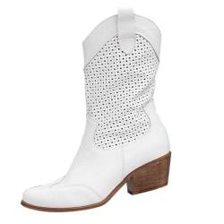 CUTeFiorino Damen Frühling und Winter Dicker Absatz Spitze Zehen Große Größe V-Ausschnitt Nicht über dem Knie Persönlichkeit Cowboy Mittelkalb Stiefel Däumling (White, 38) von CUTeFiorino