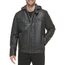 Calvin Klein Herren Motorradjacke aus Kunstleder mit abnehmbarer Kapuze - Schwarz - Small von Calvin Klein