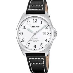 CALYPSO Herrenuhr K5868/1 Basic Gehäuse aus Edelstahl 316L, silberfarben, Lederarmband, Schwarz, weiß von Calypso