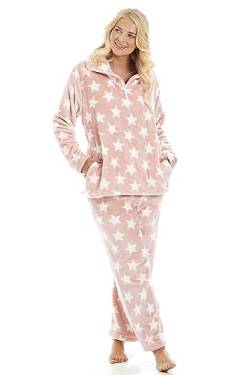 Camille 2-teiliges Pyjama-Set für Damen, superweich, weißer Sternendruck, dickes Fleece, volle Länge, lange Ärmel und elastischer Bund für ultimativen Komfort und Wärme, rose, 10-12 von Camille