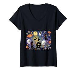 Damen Halloween-Themen-Collage T-Shirt mit V-Ausschnitt von CamoHi Clothing