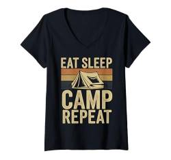 Damen Camping-Enthusiast Eat Sleep Camp Repeat Camper Geschenk T-Shirt mit V-Ausschnitt von Camping 365