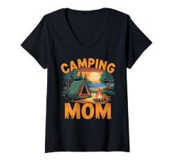 Damen Camping Mama Sonnenuntergang Outdoor Naturliebhaber Geschenk T-Shirt mit V-Ausschnitt von Camping 365