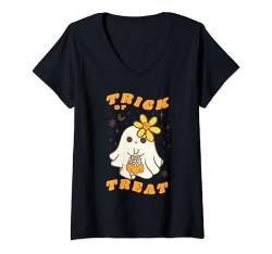 Damen Niedlicher Halloween-Geist, Süßes oder Saures T-Shirt mit V-Ausschnitt von Candis Raechelle Designs