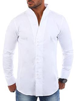 Carisma Herren Uni Langarm Stehkragen Hemd Slimfit tailliert figurbetont Party Club Look Optik Freizeit Casual einfarbig Basic, Grösse:4XL, Farbe:Weiß von Carisma