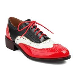 Damen Klassischer Perforated Schnürsenkel Oxfords Brogue Wingtip Runde Zehen Derby Saddle Kunstlederimitat Flach Schuhe Party Arbeit Abend Jeans Dress Schuhe für Frauen Damen Mädchen Rot Große 38 von Carkuolary