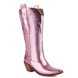 Damen Western Cowboystiefel Halblange Stiefel Wide Calf Cowgirl Metallisch Stiefel with Embroidered Mode Retro Klassischer Tall Boot für Frauen Mädchen Damen Rosa Große 43 von Carkuolary