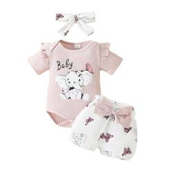 Carolilly Baby Mädchen Sommer Shorts Sets Flying Sleeve Letter Print Rundhalsausschnitt Strampler Laterne Shorts Stirnband Sets Neugeborenen Kleidung Outfit (A Rosa, 0-3 Months) von Carolilly