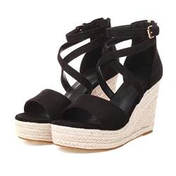 Cashwise Mode Damen Damen Flatform Espadrilles Keilsandalen Ankle Lace Up Wedges Platform Up Bequeme Schuhe,Black-34 von Cashwise