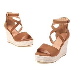 Cashwise Mode Damen Damen Flatform Espadrilles Keilsandalen Ankle Lace Up Wedges Platform Up Bequeme Schuhe,Camel-40 von Cashwise