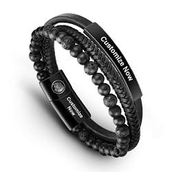 Casisto.J Lederarmband Herren Armband Herren Männer Leder Edelstahl Gravur Schwarz Braun Geflochten mit Magnet Verschluss von Casisto.J