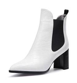 Castamere Damen Blockabsatz Stiefeletten Chelsea Boots Mittel Heel 7.5CM PU Weiß Stiefe EU 39.5 von Castamere