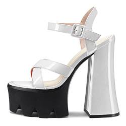 Castamere Damen Chunky Blockabsatz Hoher High Absatz Heel Plateau Plattform 14 CM Heels Peep Open Zehenkappe Knöchelriemen Sandalen Hochzeit Party Weiß 37 EU von Castamere