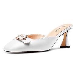 Castamere Damen Mittlerem Absatz Heel Eckige Zehenkappe Slip-on Pantoletten Schuhe Schnalle Sandalen Hochzeit Abschlussball Dress 6.5 CM Heels Weiß 40 EU von Castamere