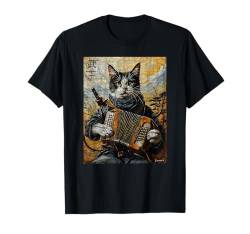 Katze und Akkordeon Krieger Ukiyo Tinte Artwork Katze Samurai T-Shirt von Cat And Accordion Warrior Ukiyo Ink Artwork Cat