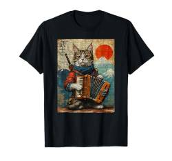 Katze und Akkordeon Krieger Ukiyo Tinte Artwork Katze Samurai T-Shirt von Cat And Accordion Warrior Ukiyo Ink Artwork Cat