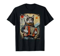 Katze und Akkordeon Krieger Ukiyo Tinte Artwork Katze Samurai T-Shirt von Cat And Accordion Warrior Ukiyo Ink Artwork Cat