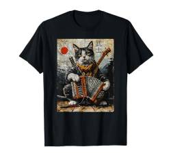 Katze und Akkordeon Krieger Ukiyo Tinte Artwork Katze Samurai T-Shirt von Cat And Accordion Warrior Ukiyo Ink Artwork Cat