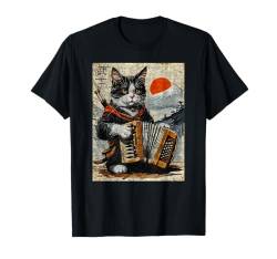 Katze und Akkordeon Krieger Ukiyo Tinte Artwork Katze Samurai T-Shirt von Cat And Accordion Warrior Ukiyo Ink Artwork Cat