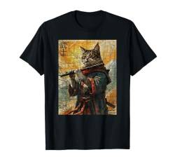 Ukiyo Tintenkunstwerk „Katze und Flöte, Krieger, Katze, Samurai“, Vintage-Stil T-Shirt von Cat And Flute Warrior Ukiyo Ink Artwork Kitties