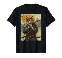 Ukiyo Tintenkunstwerk „Katze und Flöte, Krieger, Katze, Samurai“, Vintage-Stil T-Shirt von Cat And Flute Warrior Ukiyo Ink Artwork Kitties