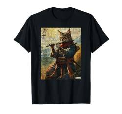 Ukiyo Tintenkunstwerk „Katze und Flöte, Krieger, Katze, Samurai“, Vintage-Stil T-Shirt von Cat And Flute Warrior Ukiyo Ink Artwork Kitties