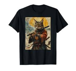 Ukiyo Tintenkunstwerk „Katze und Flöte, Krieger, Katze, Samurai“, Vintage-Stil T-Shirt von Cat And Flute Warrior Ukiyo Ink Artwork Kitties