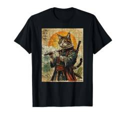 Ukiyo Tintenkunstwerk „Katze und Flöte, Krieger, Katze, Samurai“, Vintage-Stil T-Shirt von Cat And Flute Warrior Ukiyo Ink Artwork Kitties