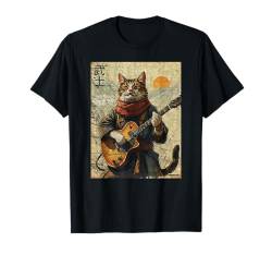 Vintage Katze und Gitarre Krieger Ukiyo Ink Artwork Katze Samurai T-Shirt von Cat And Guitar Warrior Ukiyo Ink Artwork Kitties