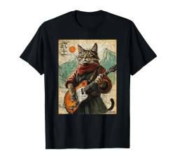 Vintage Katze und Gitarre Krieger Ukiyo Ink Artwork Katze Samurai T-Shirt von Cat And Guitar Warrior Ukiyo Ink Artwork Kitties