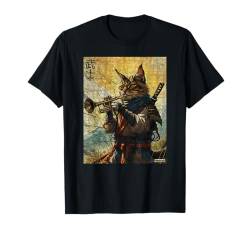 Katze und Trompete Krieger Ukiyo Ink Artwork Katze Samurai T-Shirt von Cat And Trumpet Warrior Ukiyo Ink Artwork Kitties